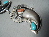 Authentc Native American Navajo Bear Turquoise Coral Sterling Silver Necklace-Nativo Arts