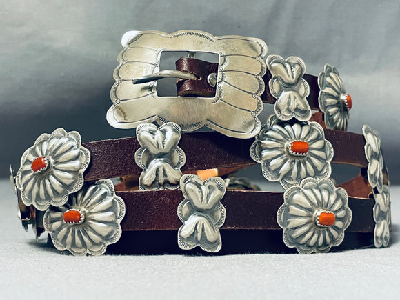 For Jeans And Slacks! Vintage Native American Navajo Coral Sterling Silver Concho Belt Any Waist-Nativo Arts