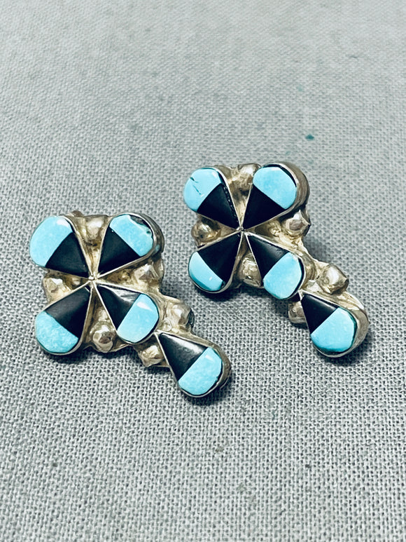 Cross Inlay Vintage Native American Zuni Turquoise Jet Sterling Silver Earrings Old-Nativo Arts