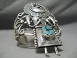 Huge Detailed Kachina Vintage Native American Navajo Turquoise Sterling Silver Bracelet Old-Nativo Arts