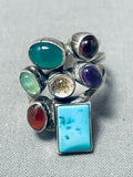 Dramatic Vintage Native American Navajo Blue Gem Turquoise & Multi Stone Sterling Silver Ring-Nativo Arts