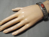 Very Intricate Silver Works Native American Navajo Coral Sterling Silver Bracelet Cuff-Nativo Arts
