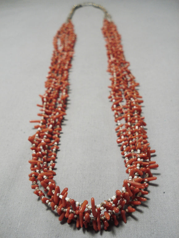 Huge Longer Vintage Native American Navajo Coral Heishi Authentic Sterling Silver Necklace Old-Nativo Arts