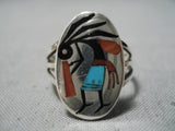 Native American Important Vintage Zuni Turquoise Inlay Kokopelli Sterling Silver Ring-Nativo Arts