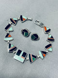 Native American Dynamic Vintage Turquoise Sterling Silver Bracelet And Earring Inlay Set-Nativo Arts