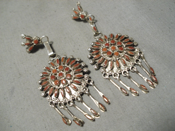 Fabulous Vintage Native American Zuni Coral Needlepoint Sterling Silver Earrings-Nativo Arts