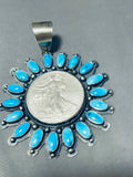 Dramatic Native American Navajo Kingman Turquoise & Coin Sterling Silver Pendant Signed-Nativo Arts