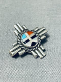 Noteworthy Vintage Native American Zuni Inlay Sunface Turquoise Coral Jet Sterling Silver Pin-Nativo Arts