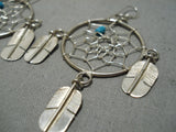Detailed Intricate!! Vintage Native American Navajo Turquoise Drmcather Sterling Silver Earrings-Nativo Arts