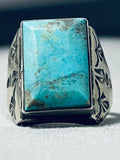 Outstanding Vintage Native American Navajo Kingman Turquoise Square Sterling Silver Ring-Nativo Arts