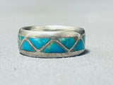 Native American Authentic And Detailed Vintage Zuni Turquoise Sterling Silver Inlay Ring Old-Nativo Arts