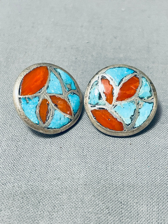 Vibrant Native American Zuni Inlay Blue Gem Turquoise Coral Sterling Silver Earrings-Nativo Arts