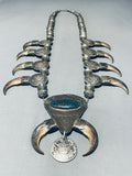 350 Gram Vintage Native American Navajo Turquoise Sterling Silver Squash Blossom Necklace-Nativo Arts