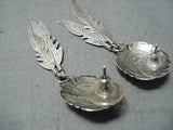 Amazing Vintage Native American Navajo Malachite Sterling Silver Feather Earrings-Nativo Arts