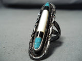 Liz Lujan Vintage Native American Taos Turquoise Jet Mother Of Pearl Sterling Silver Ring-Nativo Arts