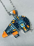 Extreme Detail Native American Navajo Turquoise Inlay Sterling Silver Necklace-Nativo Arts