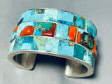 Heavy 129 Gram Native American Navajo Turquoise Coral Sterling Silver Inlay Bracelet-Nativo Arts
