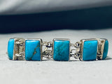 One Of A Kind Native American Navajo Blue Gem Turquoise Squares Sterling Silver Link Bracelet-Nativo Arts