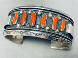 Rare Slender Coral Vintage Native American Navajo Sterling Silver Sun Bracelet-Nativo Arts