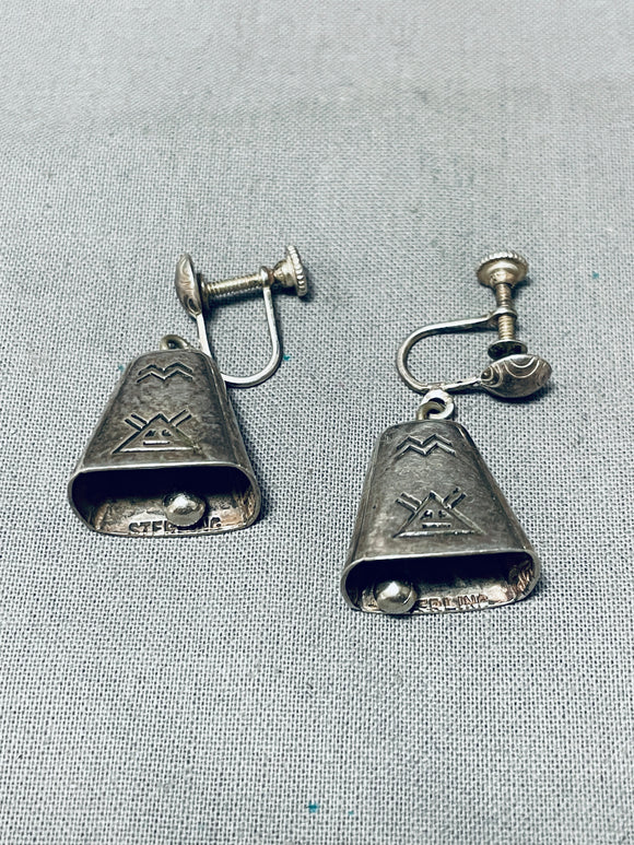 Highly Detailed Cowbell Vintage Native American Navajo Sterling Silver Earrings-Nativo Arts