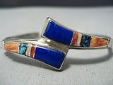 Focused Detail! Vintage Native American Navajo Turquoise Lapis Sterling Silver Inlay Bracelet-Nativo Arts