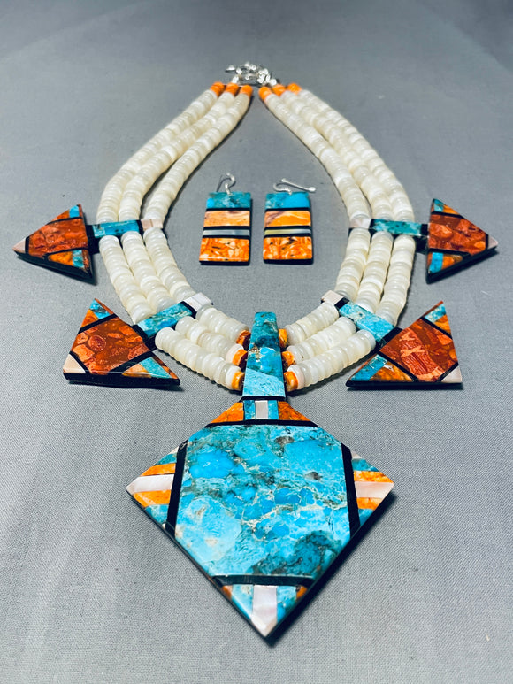 Native American One Of The Most Unique Ever Santo Domingo Turquoise Diamond Necklace-Nativo Arts