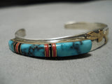Symbolic Vintage Native American Navajo Gold Yei Blue Warrior Turquoise Sterling Silver Bracelet-Nativo Arts