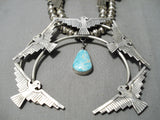 Unique!! Native American Navajo Thunderbird Turquoise Sterling Silver Squash Blossom Necklace-Nativo Arts