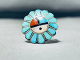 Remarkable Vintage Native American Zuni Inlay Turquoise Coral Jet Sunface Sterling Silver Ring-Nativo Arts