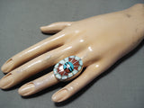 Exquisite Native American Zuni Turquoise Coral Opal Inlay Sunface Sterling Silver Ring-Nativo Arts