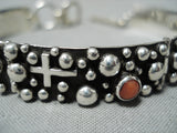 Exceptional Native American Navajo Coral Sterling Silver Cross Hinged Bracelet-Nativo Arts