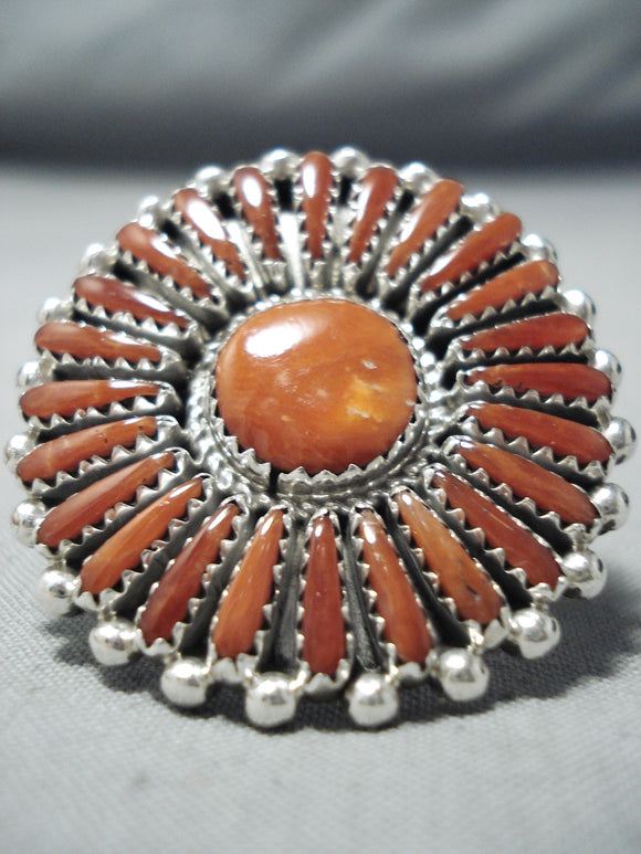One Of The Best Native American Zuni Coral Sun Sterling Silver Ring-Nativo Arts