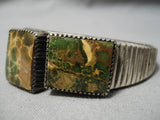 Opulent Vintage Native American Navajo Squared Green Turquoise Sterling Silver Bracelet Old-Nativo Arts