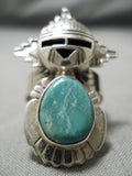 Detailed!! Vintage Native American Navajo Green Turquoise Sterling Silver Kachina Ring-Nativo Arts