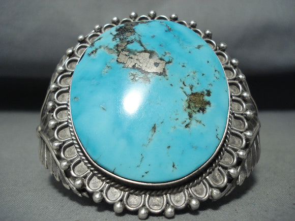 Massive Museum Vintage Native American Navajo Domed Turquoise Sterling Silver Leaf Bracelet-Nativo Arts