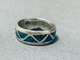 Detailed Vintage Native American Navajo Turquoise Sterling Silver Inlay Ring Old-Nativo Arts