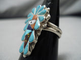 Exquisite Vintage Zuni Native American Turquoise Coral Sterling Silver Ring-Nativo Arts