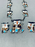 Signed Native American Zuni Turquoise Sterling Silver Owl Necklace And Earring Set-Nativo Arts