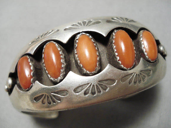 Museum Vintage Native American Navajo Domed Coral Thick Sterling Silver Bracelet Old-Nativo Arts