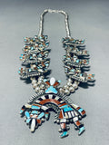 Native American Rare Vintage Navajo Inlay Turquoise Sterling Silver Squash Blossom Necklace-Nativo Arts