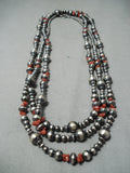Extraordinary Navajo Coral Sterling Silver Long Necklace Native American-Nativo Arts