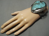 Huge Vintage Native American Navajo Blue Jay Turquoise Sterling Silver Bracelet Old-Nativo Arts