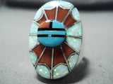 Exquisite Native American Zuni Turquoise Coral Opal Inlay Sunface Sterling Silver Ring-Nativo Arts