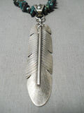 Detailed!! Vintage Native American Navajo Sterling Silver Green Turquoise Feather Necklace-Nativo Arts