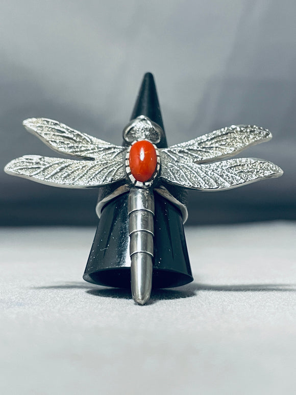 The Craziest Native American Navajo Coral Dragonfly Sterling Silver Huge Ring-Nativo Arts