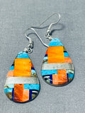 Native American Intricate Sanrto Domingo Turquoise Inlay Shell Sterling Silver Earrings-Nativo Arts