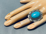 Impressive Native American Navajo Pilot Mountain Turquoise Sterling Silver Ring Signed-Nativo Arts