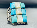 Amazing Vintage Native American Navajo 6 Turquoise 3 Mother Of Pearl Sterling Silver Ring-Nativo Arts
