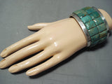 Huge Native American Green Turquoise Inlay Sterling Silver Bracelet-Nativo Arts