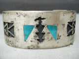Thick Heavy Vintage Native American Navajo Turquoise Inlay Sterling Silver Bracelet Old-Nativo Arts